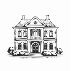 European classic house illustrated in a refined vintage engraving vector style.
