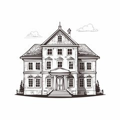 European classic house illustrated in a refined vintage engraving vector style.