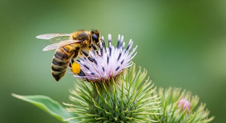 Honey bee collecting pollen on purple thistle flower in summer