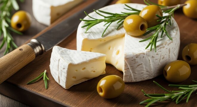 Delicious brie cheese wheel with a slice, olives, and rosemary on a board