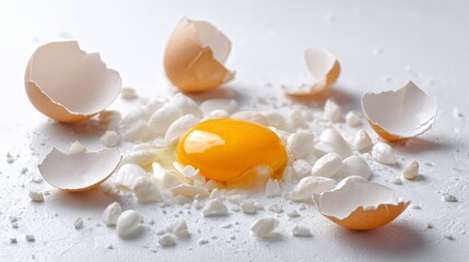 Fresh cracked egg with vibrant yolk surrounded by eggshell fragments on a clean white surface ready for cooking