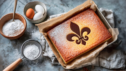 Fictional Schiacciata fiorentina, a Florentine Tuscan dessert for the Carnival period. Simple, soft, delicate and delicious Italian homemade sponge cake with orange zest.