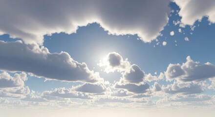 Bright sun shining through dramatic cumulus clouds in a blue sky