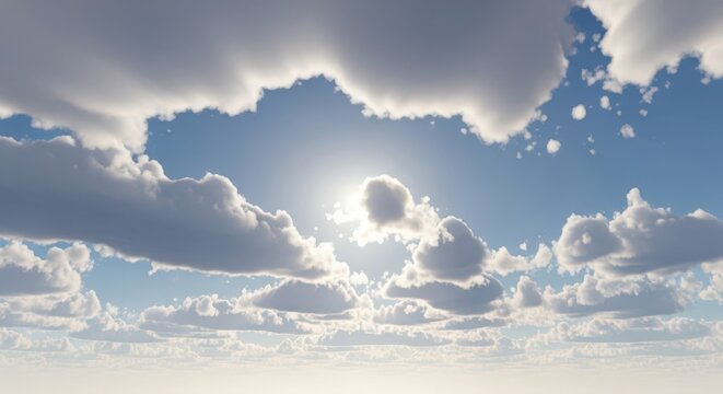Bright sun shining through dramatic cumulus clouds in a blue sky