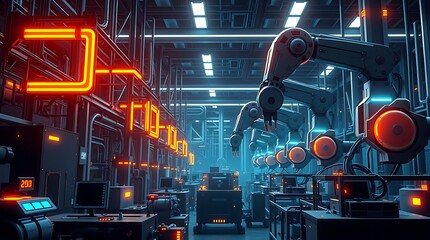A photorealistic illustration depicting a futuristic manufacturing plant, glowing with neon accents and sleek robotic arms, sharp focus, dark background, close-up on intricate details