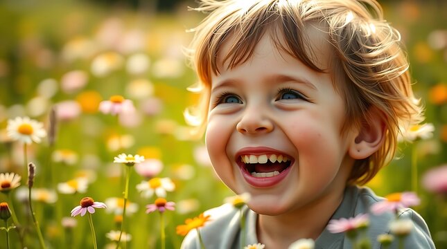 A photorealistic image of a child with bright, curious eyes and a smattering of freckles, laughing joyfully in a sun-drenched meadow filled with wildflowers, bokeh background, medium close-up - Powered by Adobe