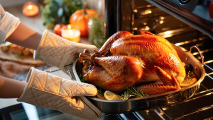 Freshly roasted golden turkey is being lifted from the oven with quilted mitts, surrounded by warm holiday lighting, aromatic herbs, and citrus slices for a festive, cozy atmosphere