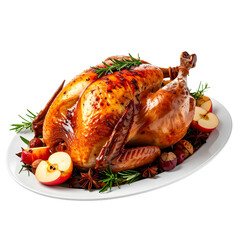 Roasted Turkey: A golden-brown roasted turkey, beautifully presented on a platter with apples and rosemary sprigs, ready for the festive season feast.