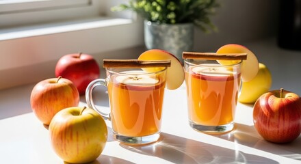 Refreshing apple cider with cinnamon sticks and fresh apples on a bright sunny day