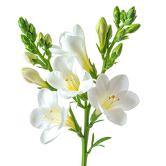 Fototapeta premium Pure Elegance: A delicate bouquet of pure white freesia blossoms, showcasing their elegant bell-shaped petals.