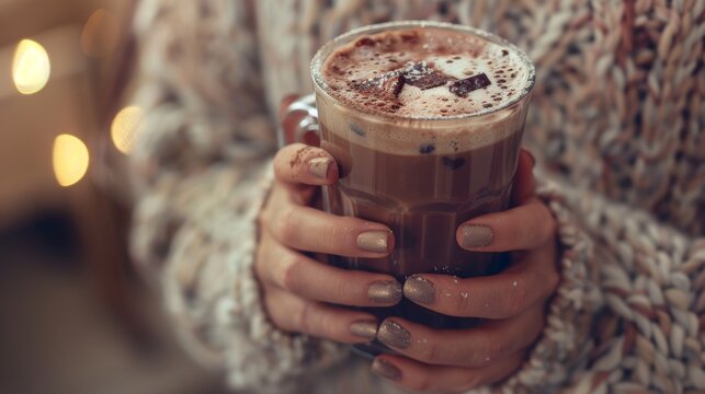 Cozy winter vibes a warm mug of chocolate in soft sweater captures holiday comfort