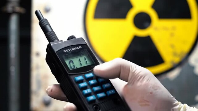 Close up shot showcases a black radio device with a digital display, operated by a gloved hand, set against a yellow trefoil sign indicating radioactivity in an industrial backdrop.