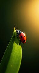 A vibrant red ladybird gracefully resting on a green leaf, illuminated by warm, golden sunlight. Nature's beauty shining brightly ,wildlife ,fresh ,sunlight