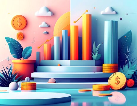 A stylized 3D illustration depicts financial growth. Coins, rising bar graphs, and abstract foliage sit on tiered platforms