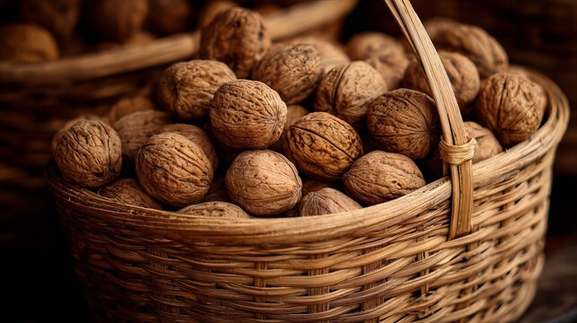Harvest walnuts in a rustic wicker basket ready for baking or a healthy snack, a delicious seasonal treat for fall and winter