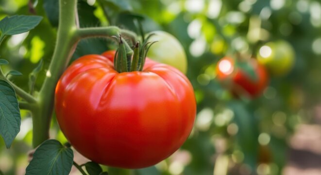A ripe red tomato growing on a green vine in a garden