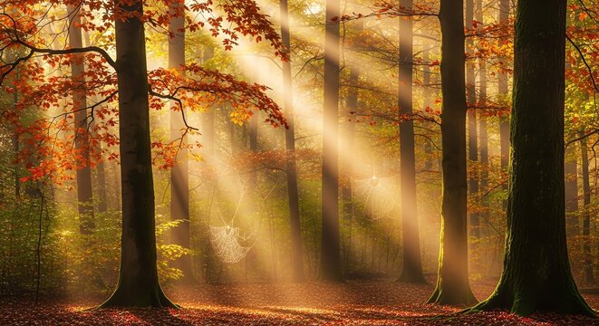 Autumn forest with sunlight and hammock