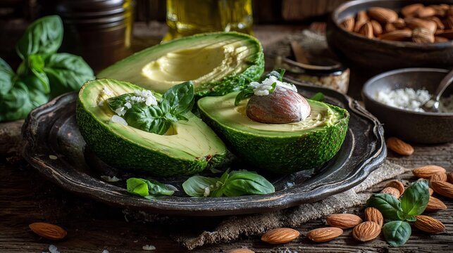 Delicious ripe avocados with fresh basil and crunchy almonds perfect for healthy eating ads or vibrant food blog posts about wellness