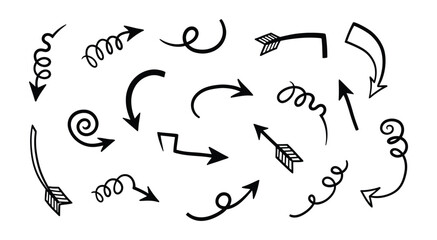 Hand drawn music notes and vector sketch arrows set for design illustration