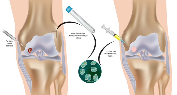 Autologous Chondrocyte Implantation Procedure in Knee Joint Illustration. Articular Cartilage Repair with Chondrocyte Culture and Injection. ACI procedure in the knee joint