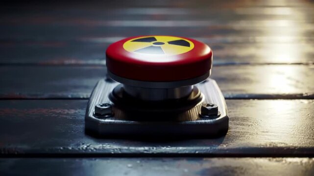A red nuclear launch button with a danger symbol on a dark metallic surface. Bright lighting highlights the button ready to activate a nuclear threat.