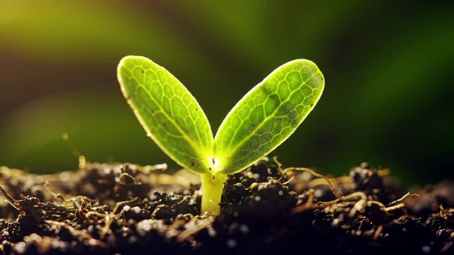 A close-up of a tiny green seedling sprouting from soil, bathed in bright sunlight with a dark green backdrop, symbolizing growth and new life.