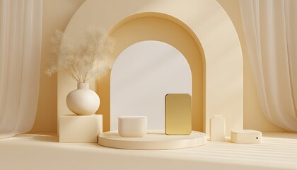 Minimal cream and gold tech accessories placed on soft arch backdrop