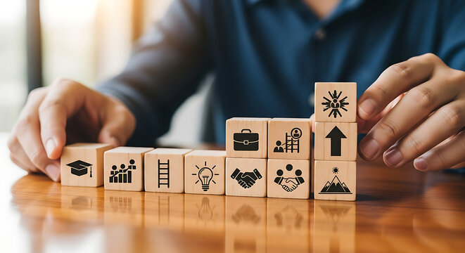 Business growth concept with icons on wooden cubes symbolizing success and career progression
