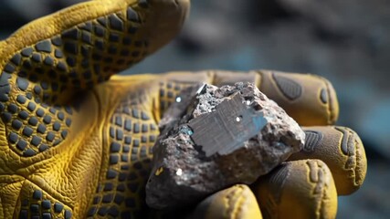 Close up shot of a shiny mineral specimen being held by a hand in yellow gloves. The background is blurred, enhancing the focus on the texture and detail of the mineral.