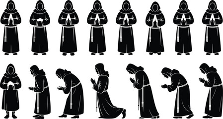 Monk silhouette illustration set, prayer and bowing sequence, religious devotion poses, hooded robe figures, black vector icons, white background