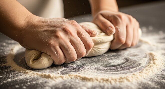 Baker kneading dough on a floured surface