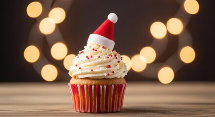 Festive christmas cupcake with santa hat on top and blurred lights in the background