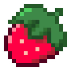 Cute Pixel Art Strawberry Kawaii Fruit Icon, Retro 8-Bit Style Illustration