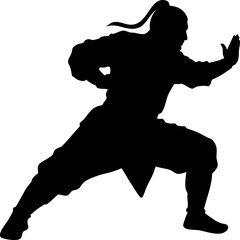 Chinese Kung Fu Warrior Silhouette in Traditional Dynamic Fighting Stance