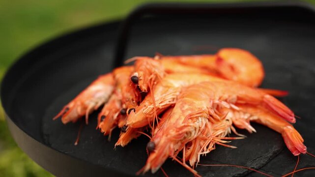 Freshly grilled shrimp rest on a black grill plate, with vibrant green grass providing a lively backdrop in a sunny outdoor environment, suggesting a barbecue gathering.