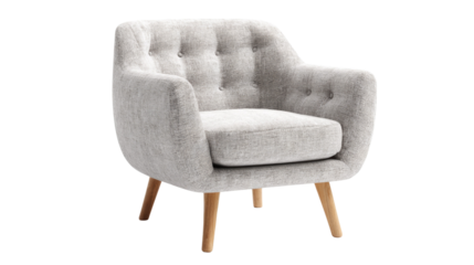 A stylish light grey fabric armchair with tufted back and natural tapered wooden legs, perfect for modern home decor. Isolated. background removed
