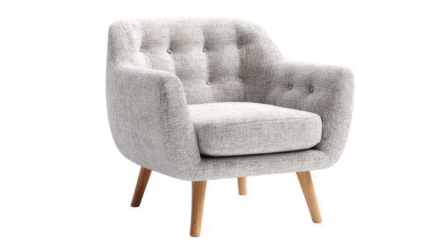 A stylish light grey fabric armchair with tufted back and natural tapered wooden legs, perfect for modern home decor. Isolated. background removed
