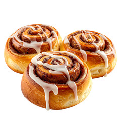 Cinnamon Rolls Delight: A trio of freshly baked cinnamon rolls, swirled to perfection and drizzled with a luscious glaze, inviting indulgence and creating a feeling of warmth and comfort.