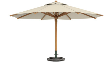 A cream-colored outdoor patio umbrella with a wooden pole and sturdy base, providing shade and style for garden relaxation. background removed