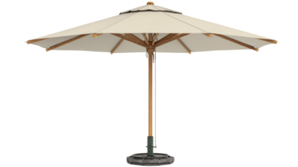 A cream-colored outdoor patio umbrella with a wooden pole and sturdy base, providing shade and style for garden relaxation. background removed