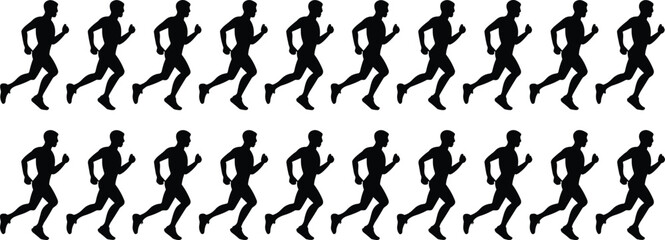 Running motion silhouette vector set, twenty dynamic poses illustrating human biomechanics, sports movement cycle, animation reference, athletic figure illustration