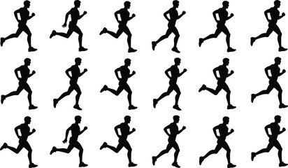 Running motion silhouette vector set, sixteen dynamic poses in grid layout showing biomechanics, animation reference, athletic movement cycle illustration