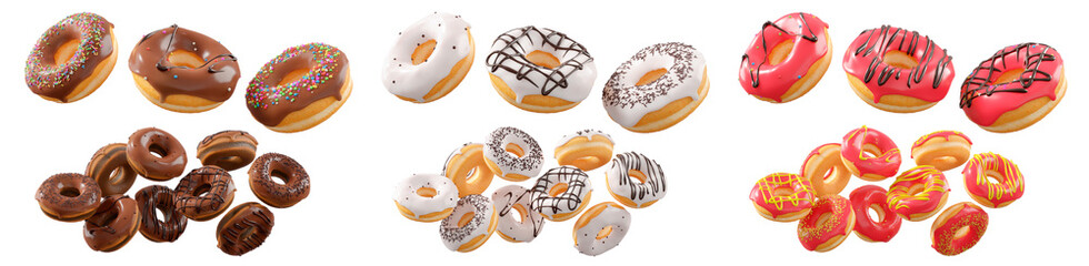 Assorted donuts with colorful icing, sprinkles, and chocolate isolated on white transparent background