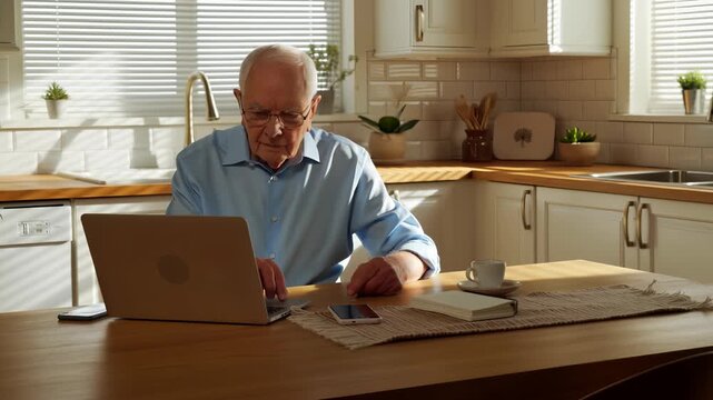 Senior man working on a laptop computer at his kitchen table during the daytime, focusing on remote work while managing his retirement and staying connected with digital technology