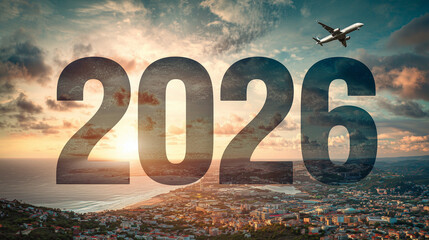 The numbers 2026 above a cityscape and a flying airplane. The cityscape with the airplane soaring in the sky symbolizes a bright future, travel around the world, and moving forward.New beginnings 2026