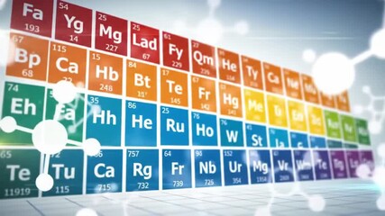 Detailed close up of colorful periodic table of elements on a light background with molecular structure overlay emphasizing education, science, and chemistry.