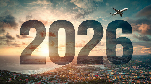The numbers 2026 above a cityscape and a flying airplane. The cityscape with the airplane soaring in the sky symbolizes a bright future, travel around the world, and moving forward.New beginnings 2026 - Powered by Adobe