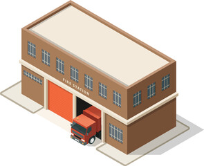 Isometric fire station with fire truck inside