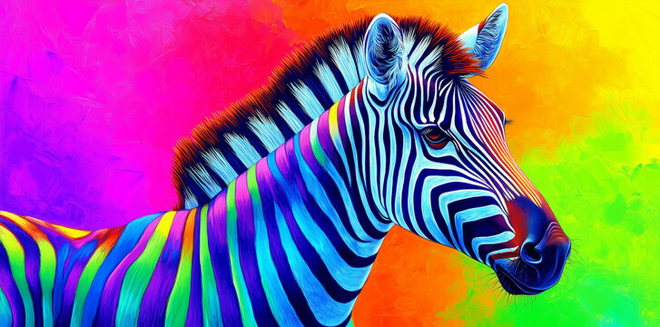 Vibrant abstract painting of a zebra with neon colors and bold stripes