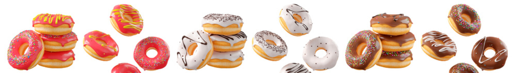 Assorted donuts with colorful icing, sprinkles, and chocolate isolated on white transparent background